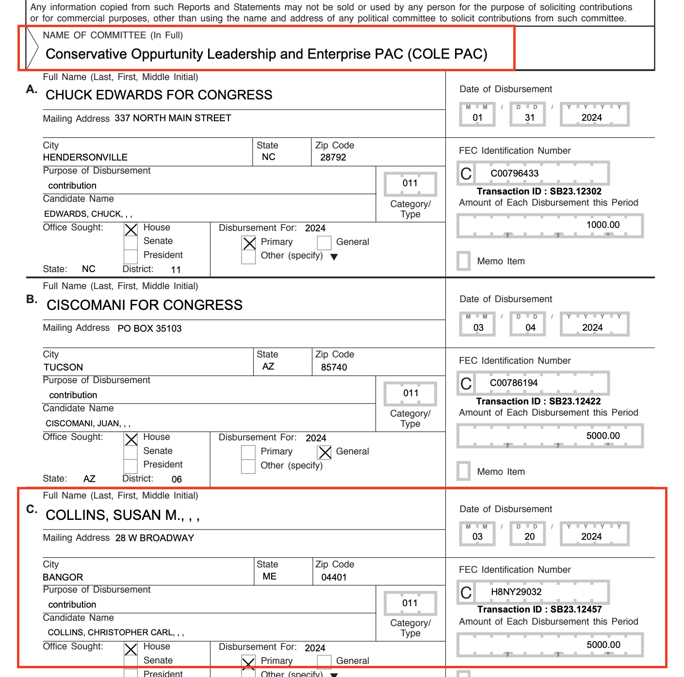 Tom Cole's PAC Donates to Susan Collins