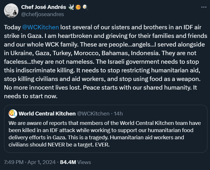 World Central Kitchen Founder X Statement